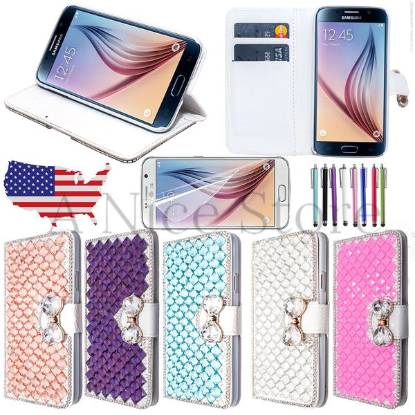 Samsung Galaxy S6 PU Leather Diamond Bling Wallet Case with Built In Kickstand