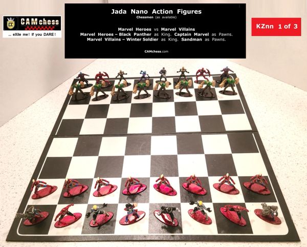 Chess Pieces: Jada Nano Action Figures. Marvel Heroes vs Marvel Villains. Captain Marvel Pawns vs Sandman Pawns, CAMchess.com Chessmen.