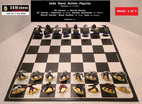 Chess Pieces: Jada Nano Action Figures. DC Heroes vs Marvel Heroes. Martian Manhunter Pawns vs Hulk Pawns. CAMchess.com Chessmen.