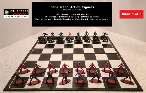 Chessmen: Jada Nano Action Figures. DC Heroes vs Marvel Heroes. Batman as Pawns vs Captain Marvel as Pawns. éXileChess.com