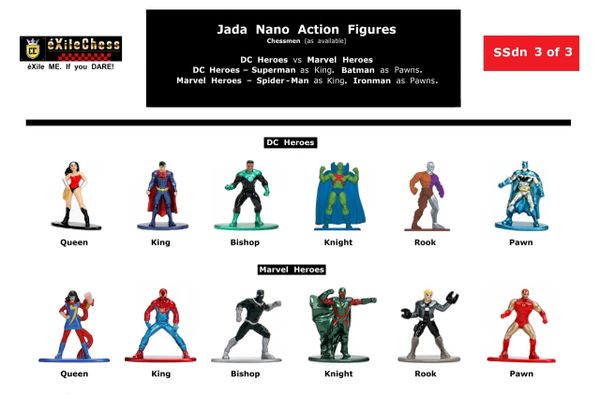 Chessmen: Jada Nano Action Figures. DC Heroes vs Marvel Heroes. Batman as Pawns vs Ironman as Pawns. éXileChess.com