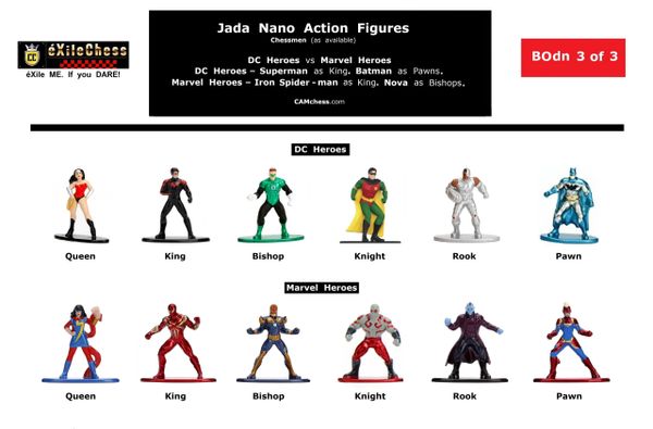 Chessmen: Jada Nano Action Figures. DC Heroes vs Marvel Heroes. Batman as Pawns vs Captain Marvel as Pawns. éXileChess.com