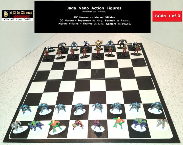 Chessmen: Jada Nano Action Figures. DC Heroes vs Marvel Villains. Batman as Pawns vs Gamora as Pawns. éXileChess.com