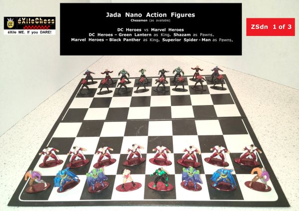 Chessmen: Jada Nano Action Figures. DC Heroes vs Marvel Heroes. Shazam as Pawns vs Superior Spider-Man as Pawns. éXileChess.com