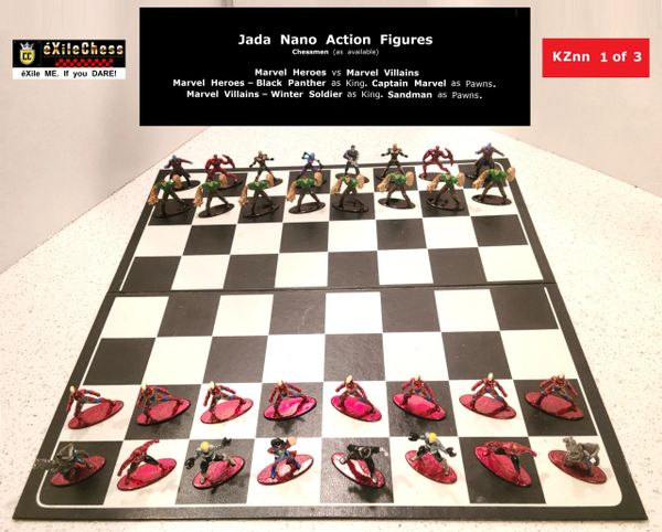 Chessmen: Jada Nano Action Figures. Marvel Heroes vs Marvel Villains. Captain Marvel as Pawns vs Sandman as Pawns. éXileChess.com