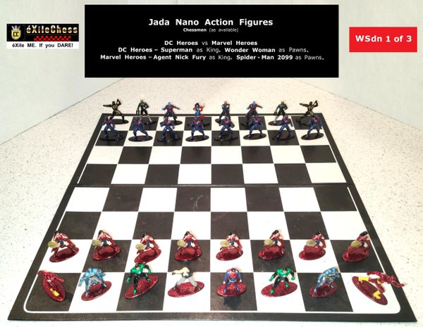 Chessmen: Jada Nano Action Figures. DC Heroes vs Marvel Heroes. Wonder Woman as Pawns vs Spider-Man 2099 as Pawns. éXileChess.com