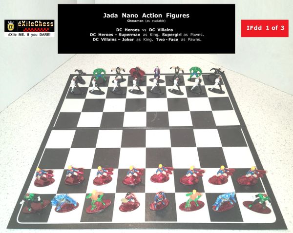 Chessmen: Jada Nano Action Figures. DC Heroes vs DC Villains. Supergirl as Pawns vs Two-Face as Pawns. éXileChess.com
