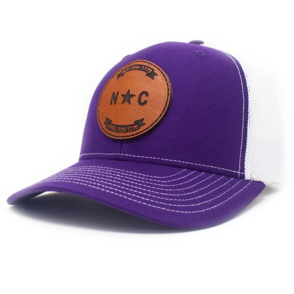 NORTH CAROLINA LEATHER PATCH LOPRO TRUCKER HAT, PURPLE AND WHITE | S.L