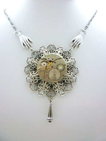 Helping Hands Vintage Mechanical Watch Movement Necklace in Silver Finish