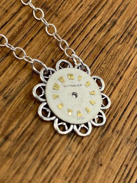 Sterling Silver Delicate Flower Necklace with Round Vintage Watch Dial #1