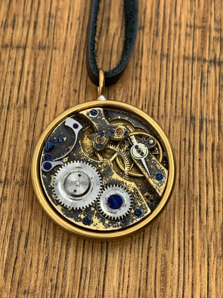 Vintage Mechanical Watch Necklace with Brass Bezel and Black Leather #1