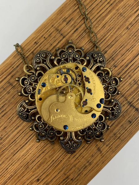 Bronze Domed Filigree Necklace with Vintage Gilded Watch Movement