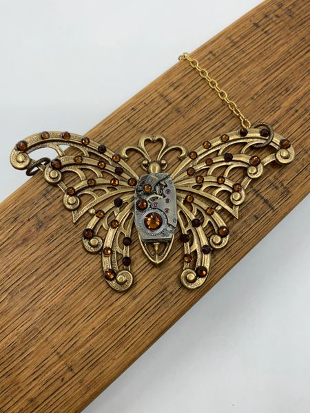 Very Large Brass Butterfly with Vintage Watch Movement and Tobac Swarovski Crystals