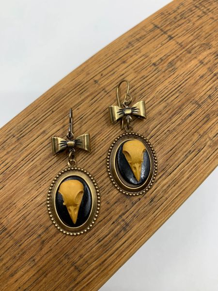 Bronze Bird Skull Cameo Earrings with Bow