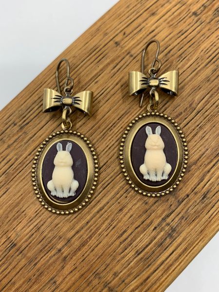 Bronze Bunny Cameo Earrings with Bow