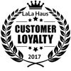 Consumer loyalty award with LaLa Haus printed inside circle. Black lettering on white background 