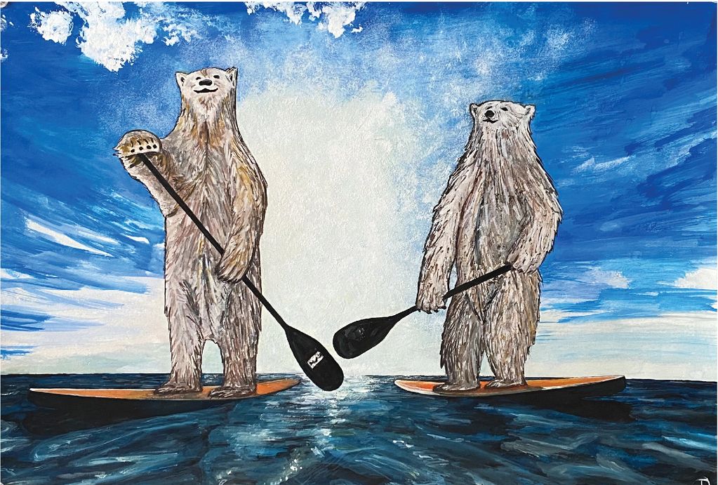 Gouache Painting 
Polar Bears on SUP, on Stand Up Paddle Boards.
Art for Environmental Awareness