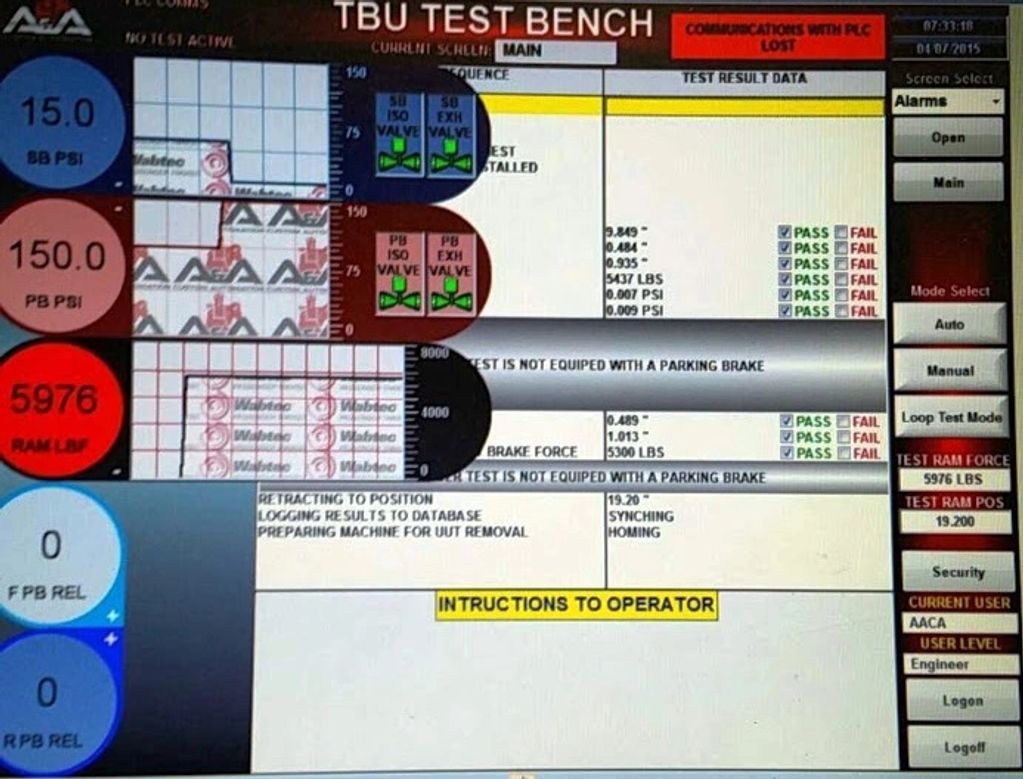 Bench Test Equipment HMI screen