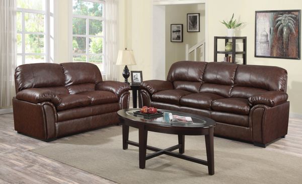 2839 2pc Brown Overstuffed Leather Sofa Love Discount