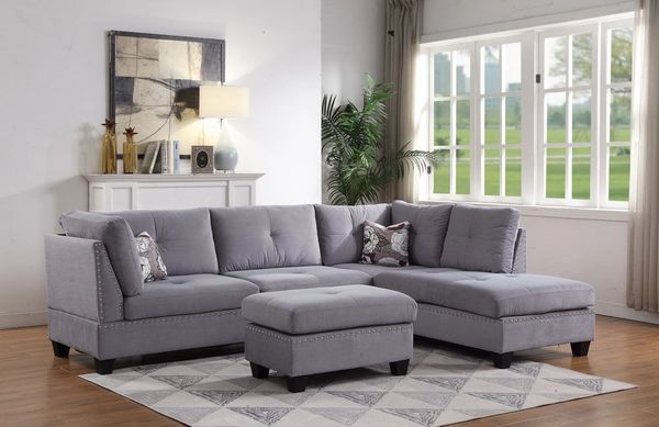 #2881 GREY LINEN-LIKE SECTIONAL & STORAGE OTTOMAN WITH NAILHEAD TRIM ...