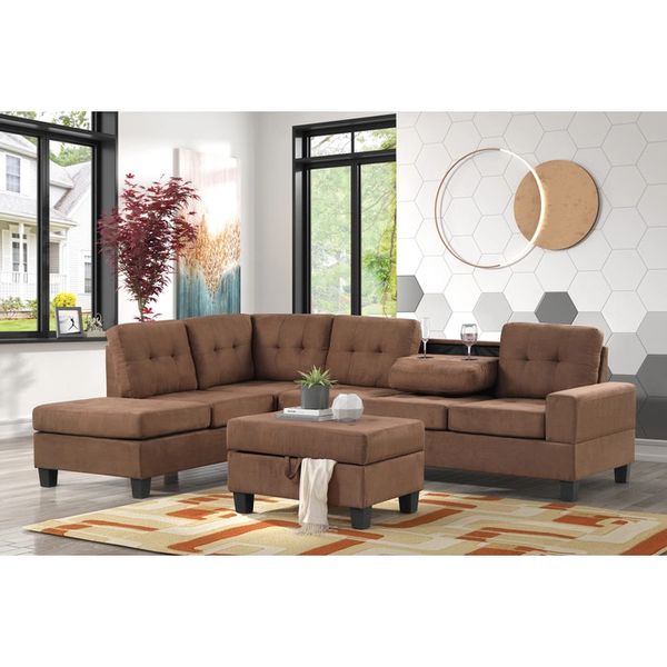 DD BROWN REVERSIBLE SECTIONAL WITH STORAGE OTTOMAN & CUPHOLDER