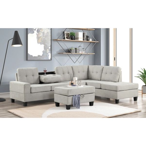 DD LIGHT GRAY REVERSIBLE SECTIONAL WITH STORAGE OTTOMAN & CUPHOLDER