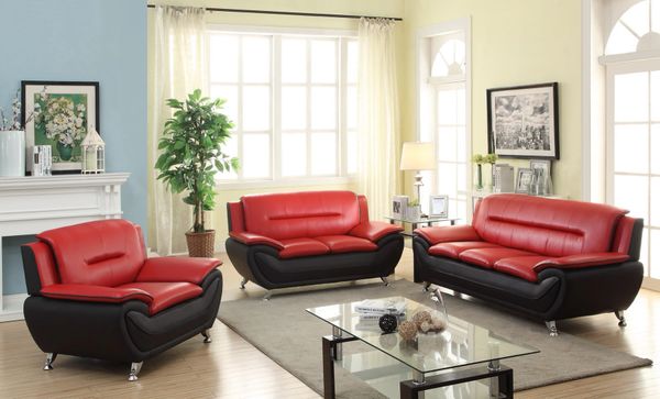 888 3PC RED BLACK SOFA LOVE CHAIR Discount Furniture Atlanta