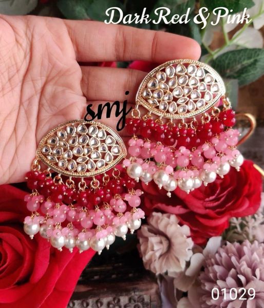 Gorgeous dabi kundan gold plated light weight new style designer ear studs with three layers of enamel pearl tassels-Red and Pink!!!