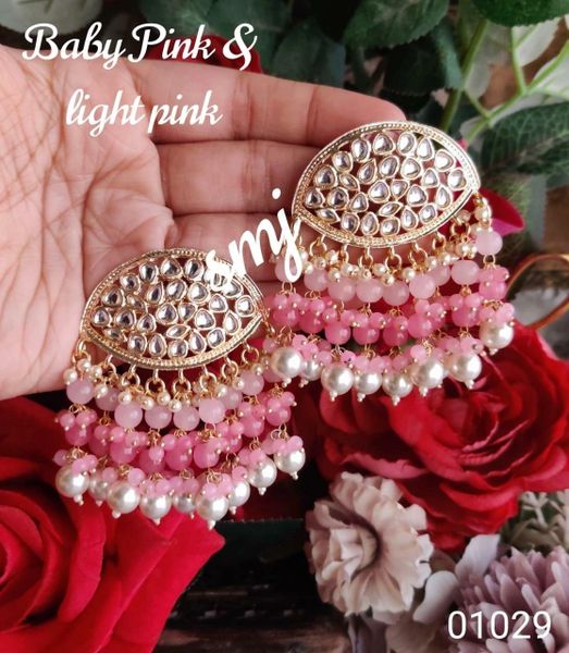 Gorgeous dabi kundan gold plated light weight new style designer ear studs with three layers of enamel pearl tassels-Baby Pink and Light Pink!!!