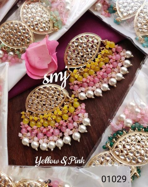 Gorgeous dabi kundan gold plated light weight new style designer ear studs with three layers of enamel pearl tassels-Yellow and Pink!!!