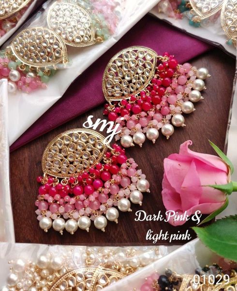 Gorgeous dabi kundan gold plated light weight new style designer ear studs with three layers of enamel pearl tassels- Dark Pink and Pink!!!