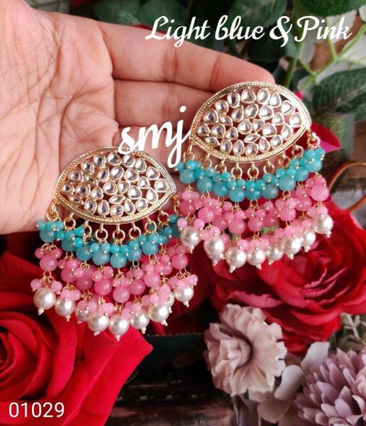 Gorgeous dabi kundan gold plated light weight new style designer ear studs with three layers of enamel pearl tassels- Light Blue and Pink!!!