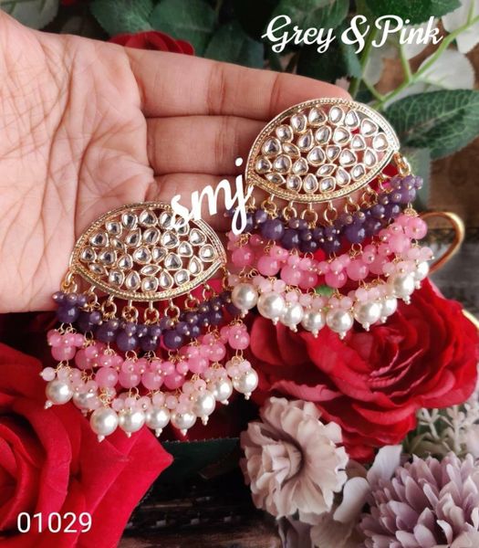 Gorgeous dabi kundan gold plated light weight new style designer ear studs with three layers of enamel pearl tassels- Grey and Pink!!!