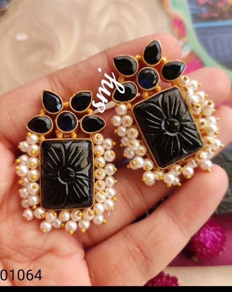 Pure Natural Handcrafted Rectangular Pattern Craving Stone Earrings with Pearl Clusters in Brass Base- Black Color!!!