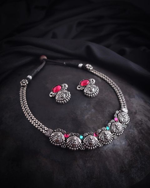 Simple and Trendy Kolhapuri Oxidised Lakshmi Necklace with Studs!!!