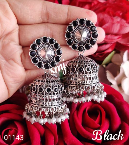 Gorgeous Temple Jewelry Carving Style German Silver Large Size Jhumkas with Black Stones!!!