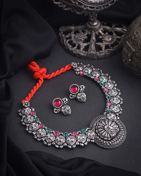 Kolhapuri Oxidisded Peacock Necklace with Earrings- Design1!!!