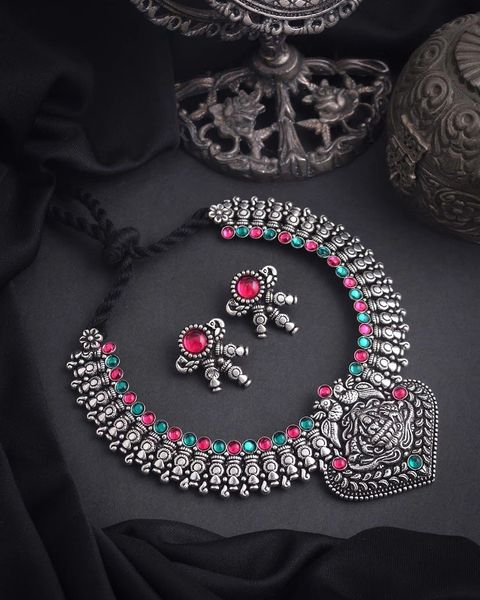 Kolhapuri Oxidisded Lakshmi Goddess Necklace with Earrings- Design 4!!!