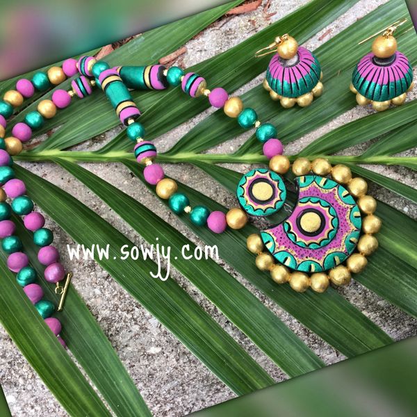 Chandbali type pendant in Green and pink shades with hanging jhumkas!!!!