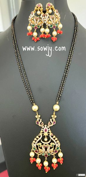 Lovely Gold Finish Designer Peacock Pendant with Coral and Pearl Hanging Beads in two Layer Black Beads Chain with Earrings!!!
