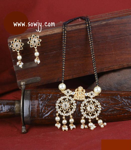 Lakshmi Floral Pendant with Black and White AD stones in Black Mangalsutra Chain and Earrings!!!