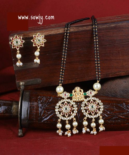 Lakshmi Floral Pendant with Ruby,Emerald and White AD stones in Black Mangalsutra Chain and Earrings!!!