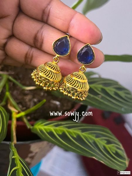 Simple and Cute medium Size Light Weighted Gold Finish Jhumkas-Navy Blue!!!
