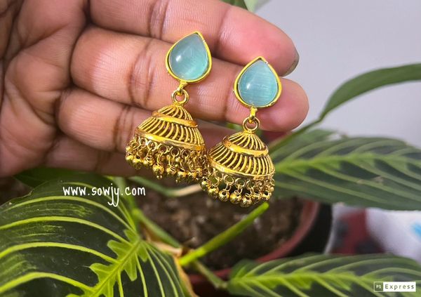 Simple and Cute medium Size Light Weighted Gold Finish Jhumkas-Mint Green!!!