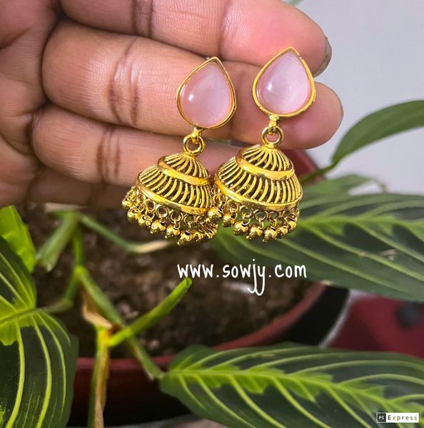 Simple and Cute medium Size Light Weighted Gold Finish Jhumkas-Pastel Pink!!!
