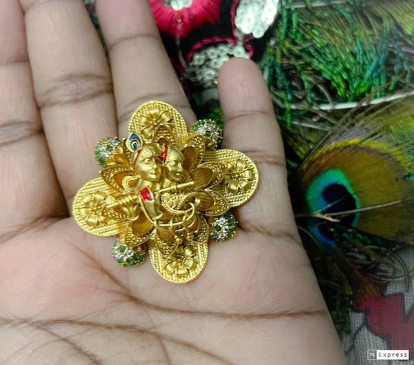 Gold Finish Big Size Adjustable Radha Krishna Finger Ring- Design5- Emerald!!!