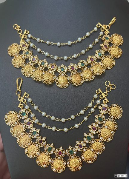 Very Grand Lakshmi Floral Gold Three Layer Pearl Ear Chain!!!