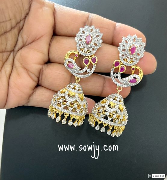 Peacock Designer Diamond Finish Long Jhumkas with Diamond Drops!!!