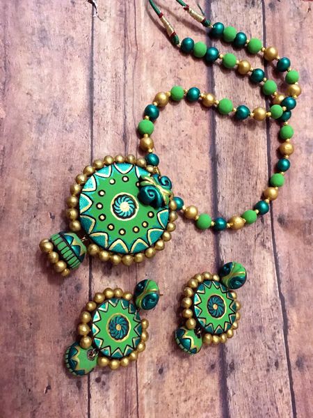 Handmade Grand Terracotta Chakra Set in Shades of Light and Dark Green with Chandbali earrings!!!!