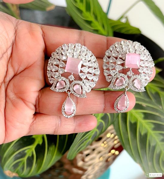 AD Stone In Rhodium Finish Big Size Earrings- Patel Pink Stones!!!